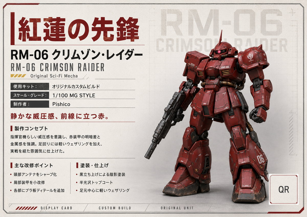 BuildLabの展示カード作成ツールで作った作例。RM-06 クリムゾン・レイダーの作品名・使用キット・スケール・製作コンセプト・改修ポイント・塗装仕上げが整理された展示カード。
